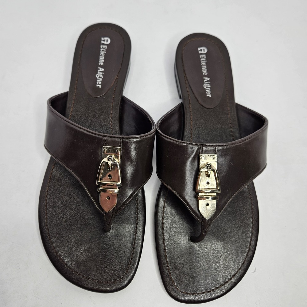 Etienne Aigner Sandals Brown Leather Upper Size 7.5 Heel To Toe 9 3/4" Heel .5"